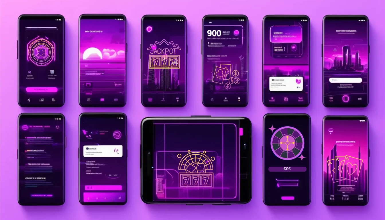 A variety of mobile devices showing casino related symbols.