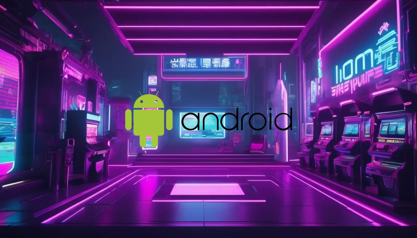 Logo of Android OS over a futuristic image of a casino setting with slot machines.