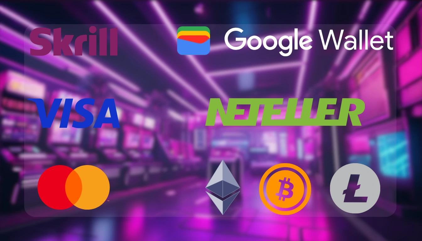 Logos of a variety of payment methods including Google Pay, Neteller, Skrill, Mastercard, Visa, Bitcoin, Lite Coin and Ethereum with a casino setting in the backroung.