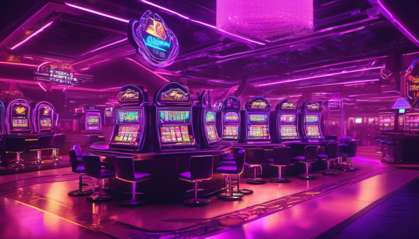 Neon lit casino interior with rows of slot machines