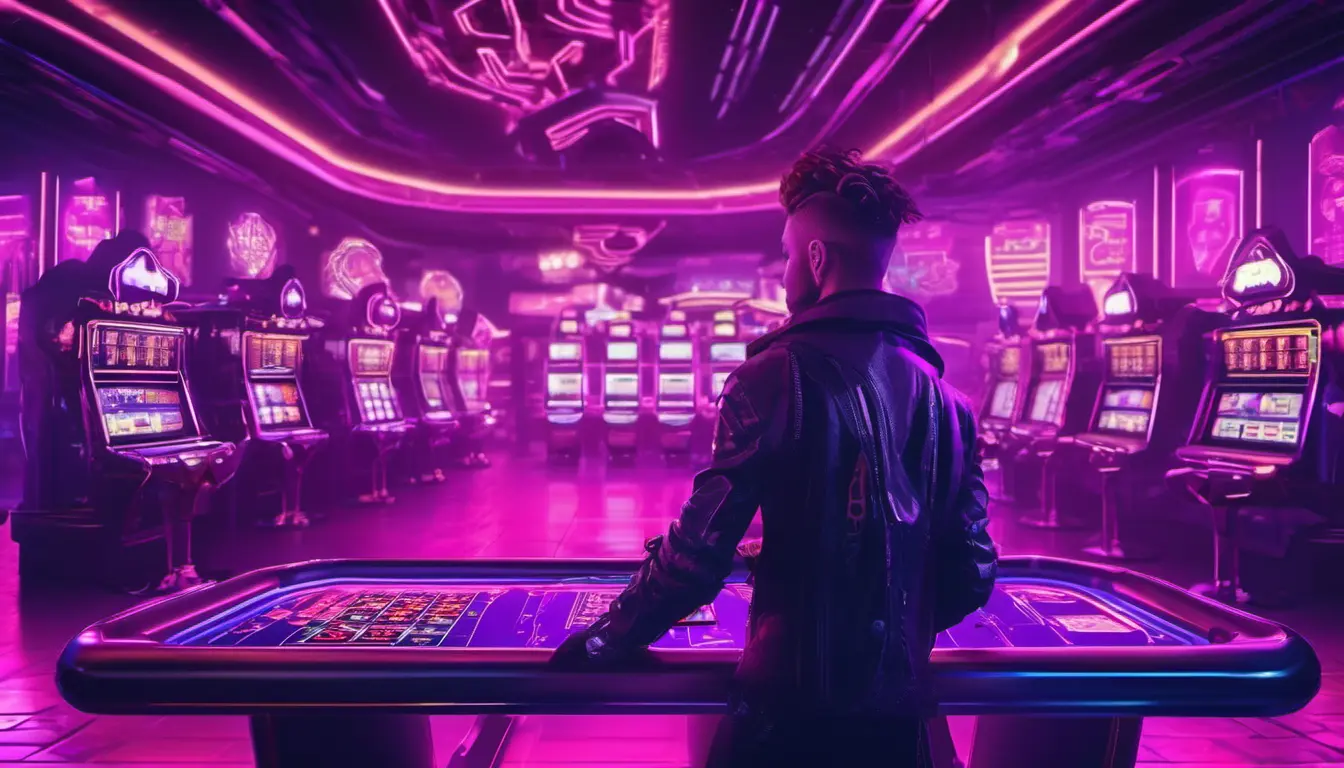 A man in a leather jacket at a neon-lit casino table