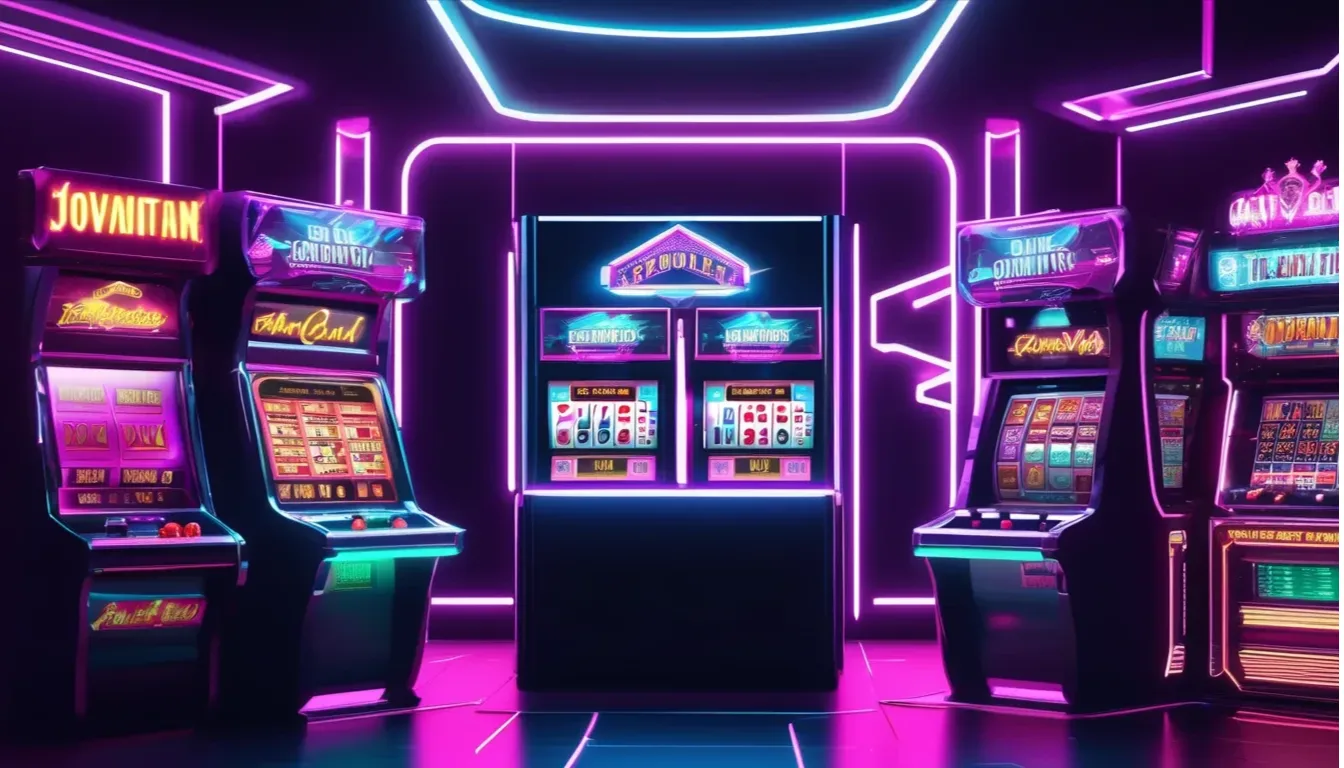 Slot machines in a futuristic setting with neon lights.