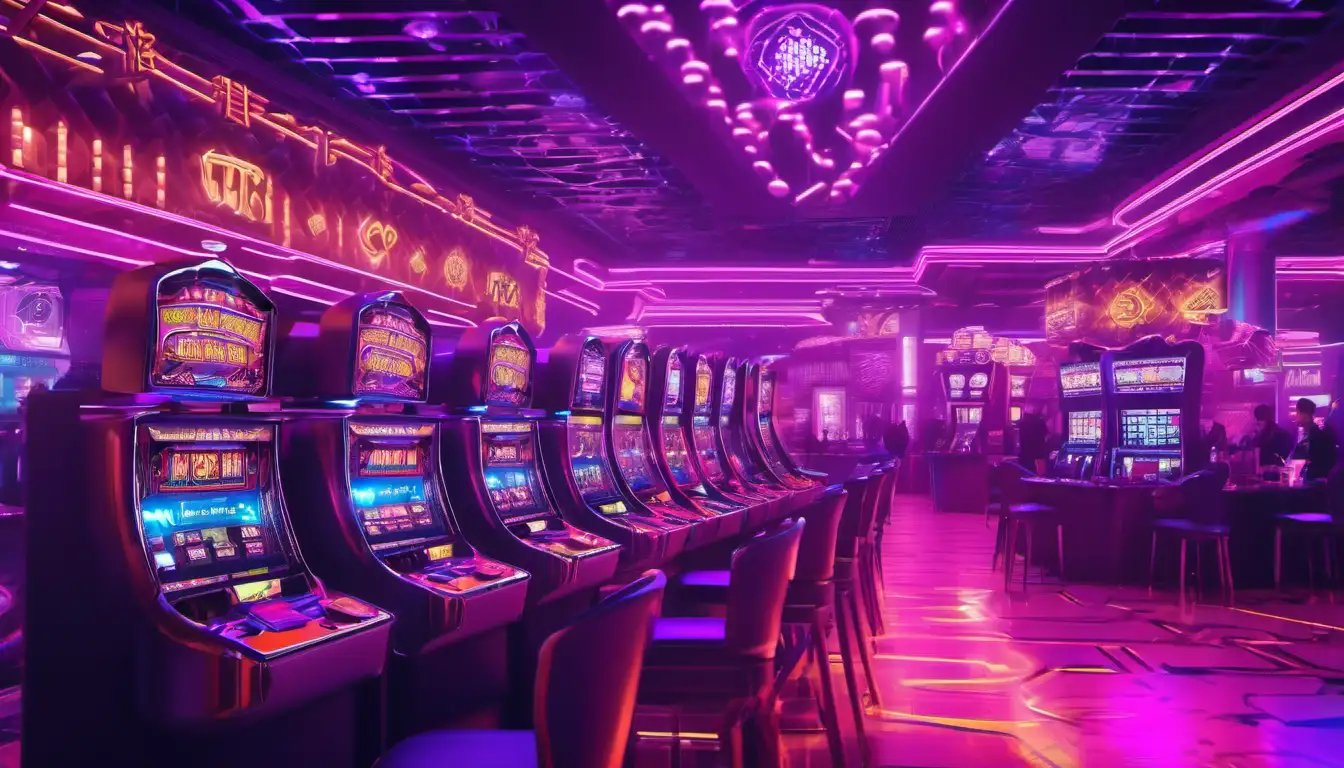 Vibrant casino floor with various slot machines and purple lighting