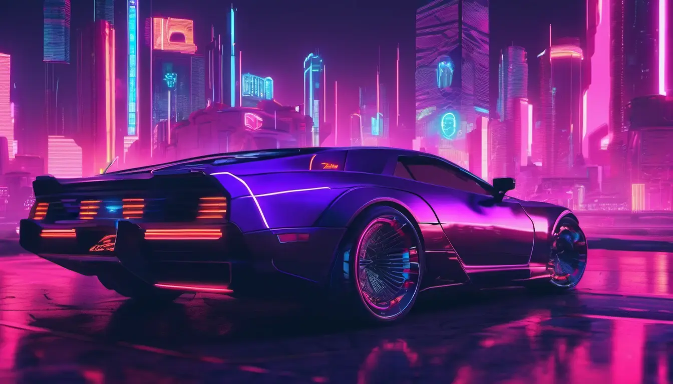 A futuristic sports car with neon lights in a cyberpunk city representing the benefits of crypto casinos